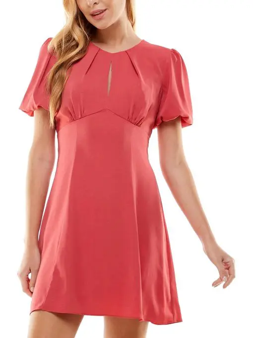 CITY STUDIO Women's Coral Zippered Lined Open Tie Back Pouf Sleeve Keyhole Short Fit + Flare Dress Juniors 13