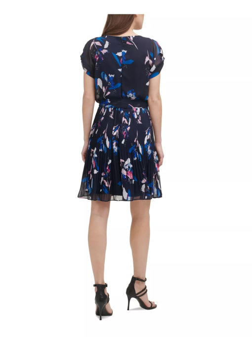 DKNY Printed Pleated-Skirt Dress Midnight Multi 2 - Image 3