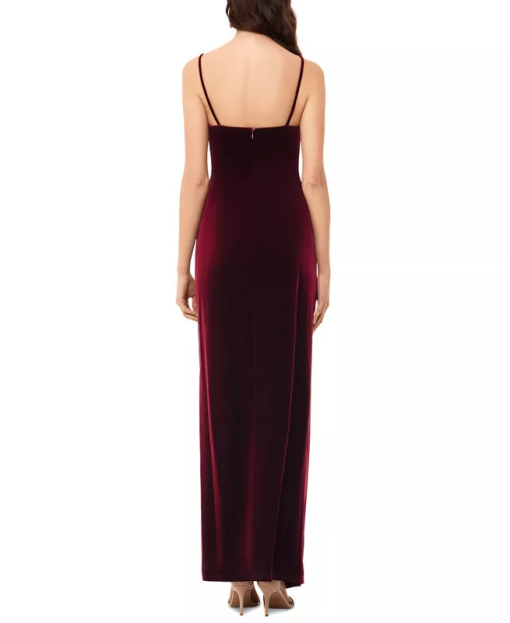 Betsy Adam Draped Velvet Slit Gown Burgundy 2 - Image 3