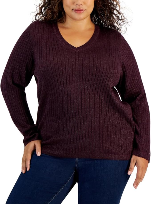 Tommy Hilfiger Plus Size Ribbed Metallic-Thre Aubergine 1X - Image 2