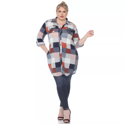 White Mark White Mark Plus Size Plaid Tun Blue and Brown 1X - Image 2