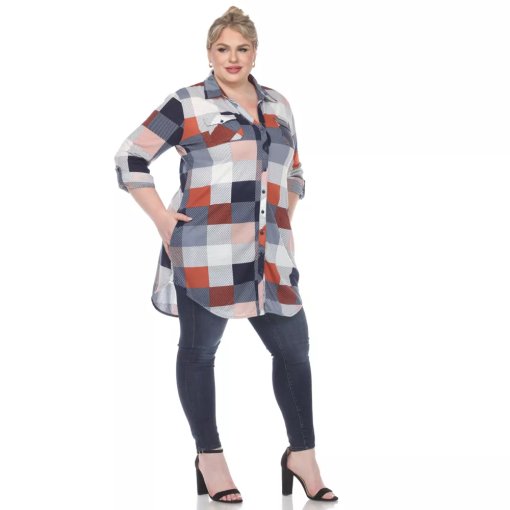 White Mark White Mark Plus Size Plaid Tun Blue and Brown 1X - Image 3