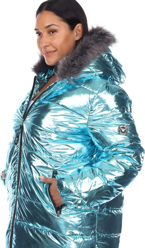 White Mark Plus Size Metallic Puffer Coat Navy 1X - Image 4