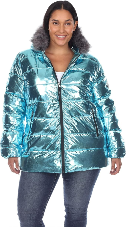 White Mark Plus Size Metallic Puffer Coat Navy 1X - Image 2