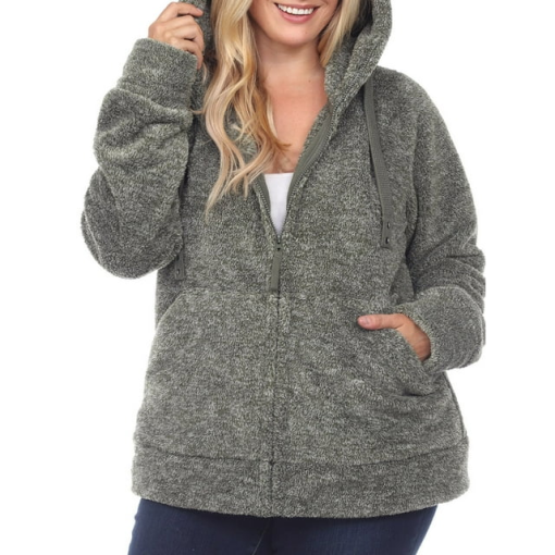 White Mark Plus Size Hooded Sherpa Jacket Olive 1X - Image 2