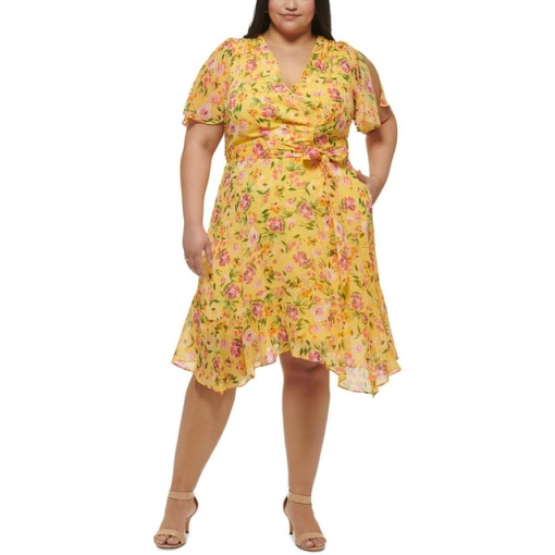 Jessica Howard Plus Size V-Neck Printed-Chiff YellowOrange 18W - Image 2