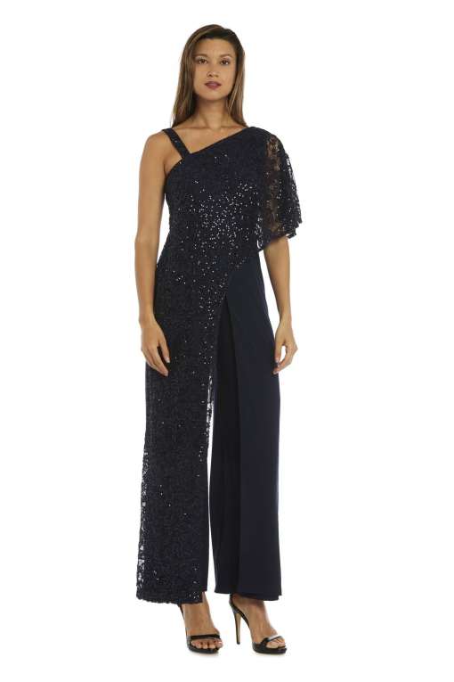 R M Richards One-Shoulder Lace Jumpsuit Navy Blue 16 - Image 2