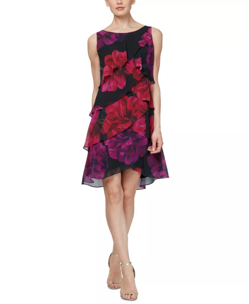 SL Fashions Tiered Floral-Print Sheath Dre Black Floral 16 - Image 2