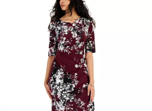 Connected Womens Floral-Print Pleat-Fro Bordeaux 14 - Image 3