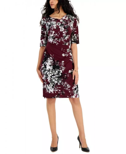 Connected Womens Floral-Print Pleat-Fro Bordeaux 14 - Image 2