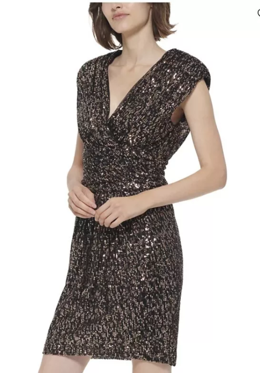 Calvin Klein Womens Sequined Surplice-Neck Bronze Black 12 - Image 5