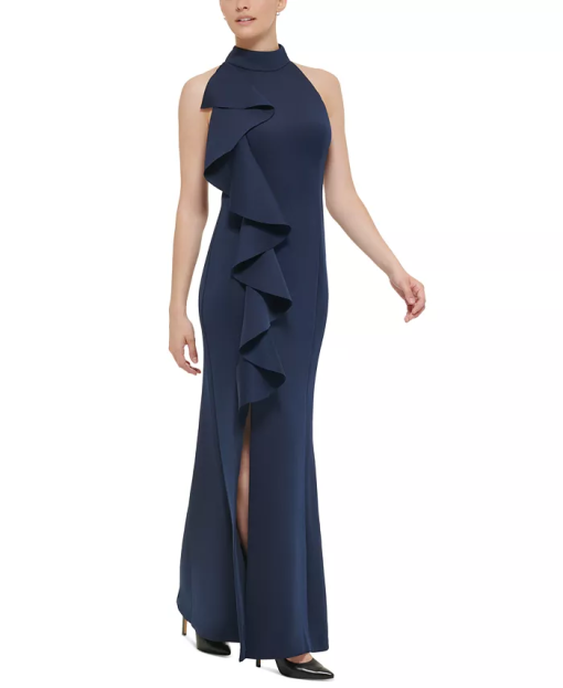 Jessica Howard Womens Ruffled Mock-Neck Gown Navy 14 - Image 3