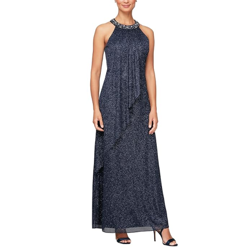 SL Fashions Beaded Halter Glitter Gown Navy Blue 14 - Image 2