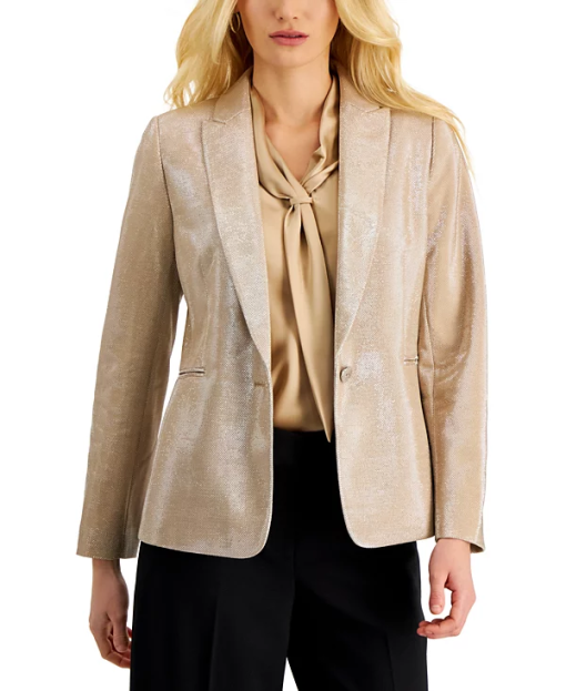 Tahari ASL Womens Metallic One-Button Bl Silvercamel 12 - Image 2