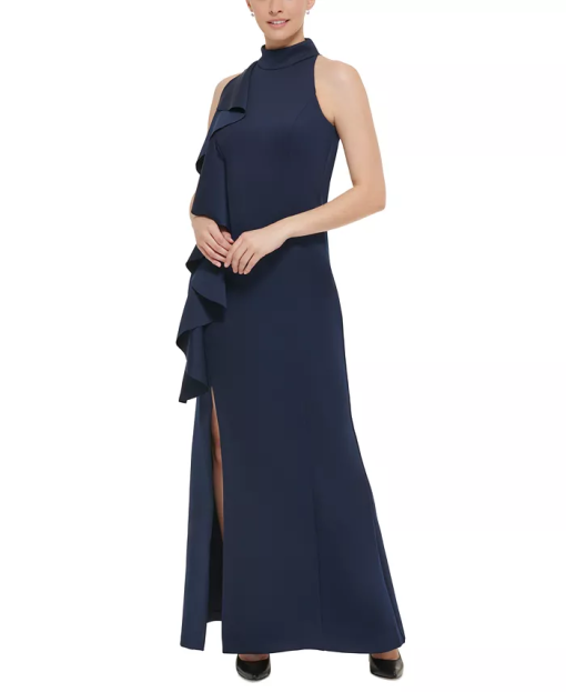 Jessica Howard Womens Ruffled Mock-Neck Gown Navy 12 - Image 2