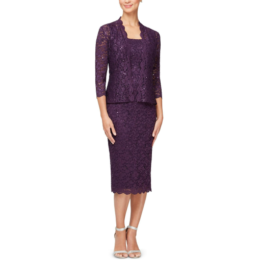 SL Fashions Petite Lace Jacket Midi Dres Eggplant 12 - Image 2