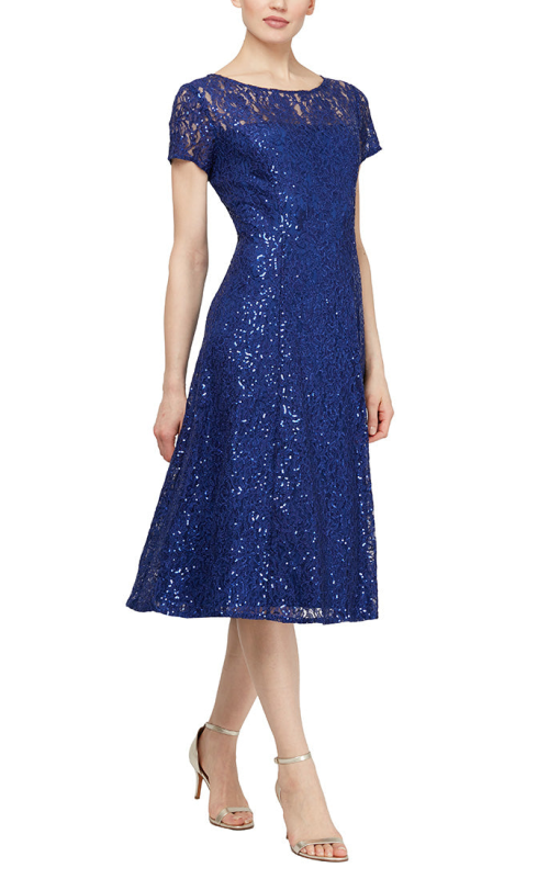 SL Fashions Sequined Lace Midi Dress Iris Blue 12 - Image 2