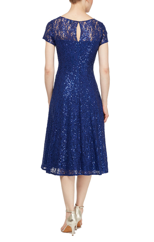 SL Fashions Sequined Lace Midi Dress Iris Blue 12 - Image 3