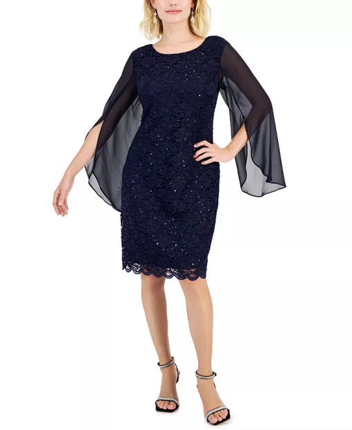 Connected Flutter-Sleeve Sequined Lace D Navy Blue 12 - Image 2