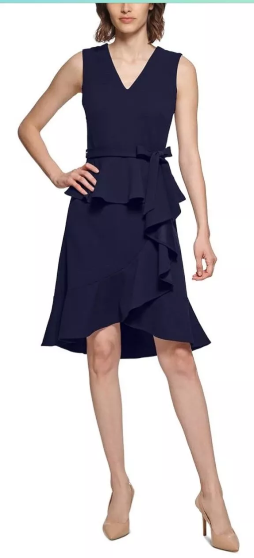 Calvin Klein Petite Ruffled Peplum Dress Navy 10P - Image 2