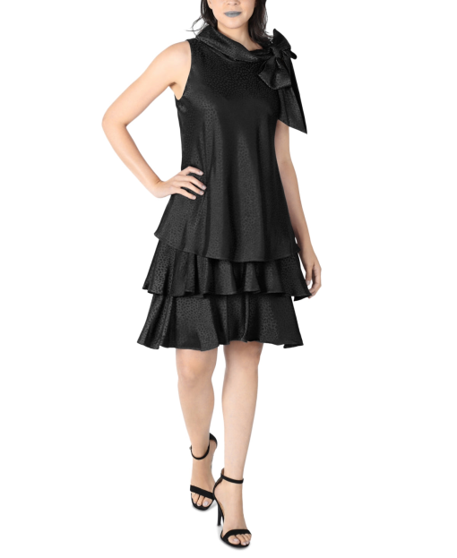 Robbie Bee Petite Bow-Neck Tiered-Hem Tra Black 10P - Image 2