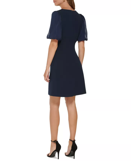 DKNY Womens Puff-Sleeve Mixed-Medi Navy 10 - Image 3