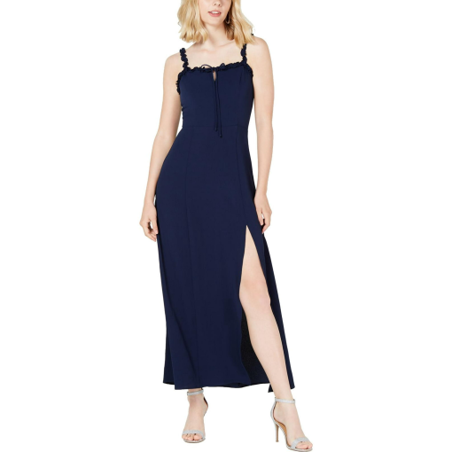 TEEZE ME Womens Navy Slitted Spaghetti Strap Square Neck Midi Wrap Prom Dress Juniors 3/4 - Image 2