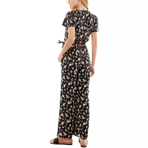 KINGSTON GREY Womens Black Ruffled Tie Pullover Unlined Floral Flutter Sleeve Surplice Neckline Wide Leg Jumpsuit Juniors S - Image 3