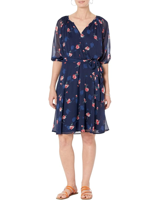 DKNY Puff Sleeve V-Neck Belted Floral Dress in Navy/Multi Women's Size 8 - Image 2