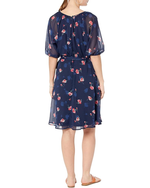 DKNY Puff Sleeve V-Neck Belted Floral Dress in Navy/Multi Women's Size 8 - Image 3