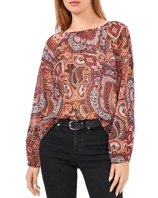 VINCE CAMUTO Womens Orange Sheer Metallic Paisley Long Sleeve Keyhole Wear to Work Blouse S - Image 2