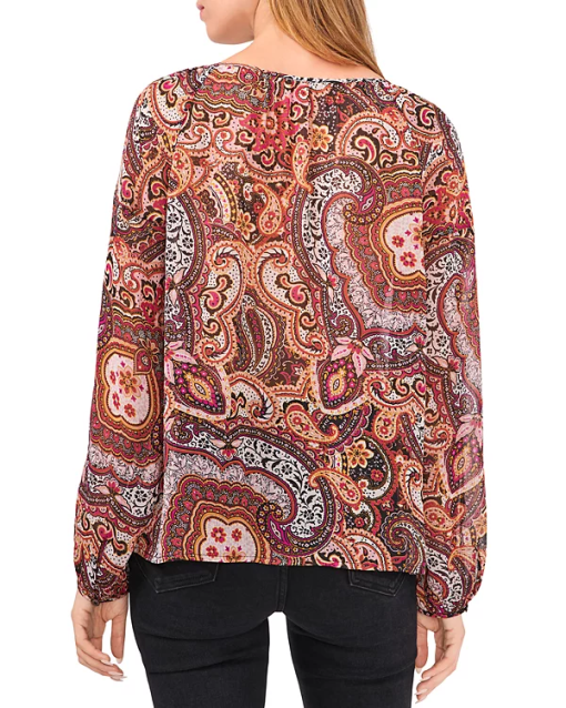 VINCE CAMUTO Womens Orange Sheer Metallic Paisley Long Sleeve Keyhole Wear to Work Blouse S - Image 3