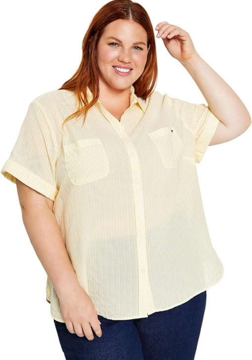 TOMMY HILFIGER Womens Yellow Pocketed Rolled Cuffs Shirttail Step Hem Striped Short Sleeve Collared Button up Top Plus 2X - Image 2