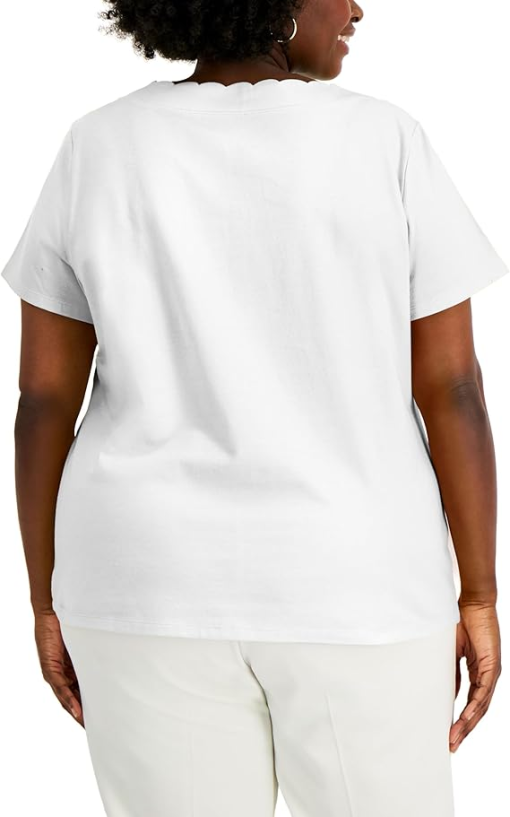 ANNE KLEIN Womens White Scalloped Short Sleeve Round Neck T-Shirt Plus 0X - Image 2