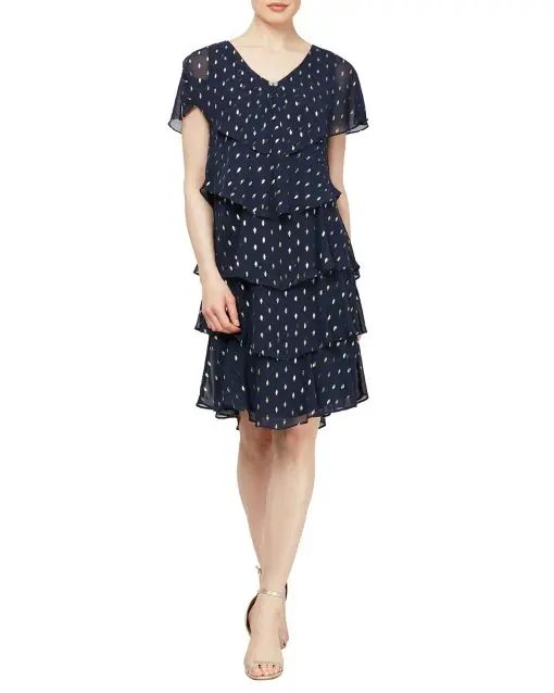 Sl Fashions Polka-Dot Tiered Shift Dress - Navy/Gold 16