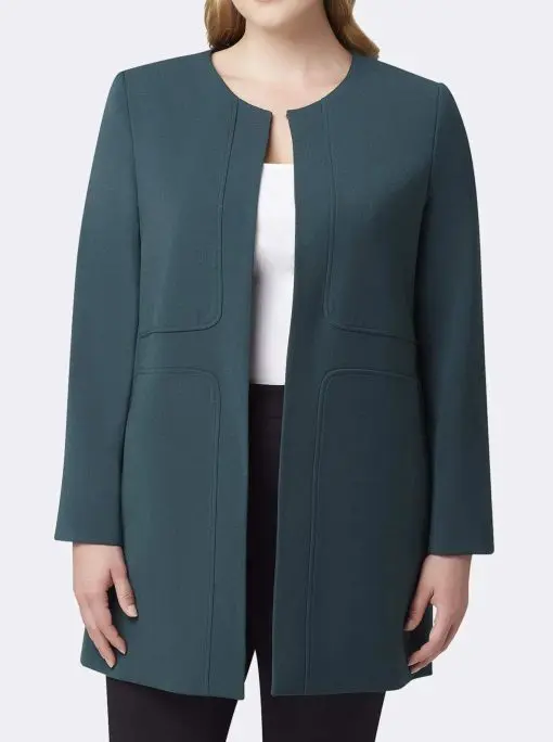 Tahari ASL Crew Neck Hook & Eye Closure Piping Detail Solid Crepe Jacket (Plus Size)-HUNTER 22W