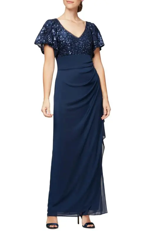 Alex Evenings Embroidered Sequin Empire-Waist Dress - Navy 10