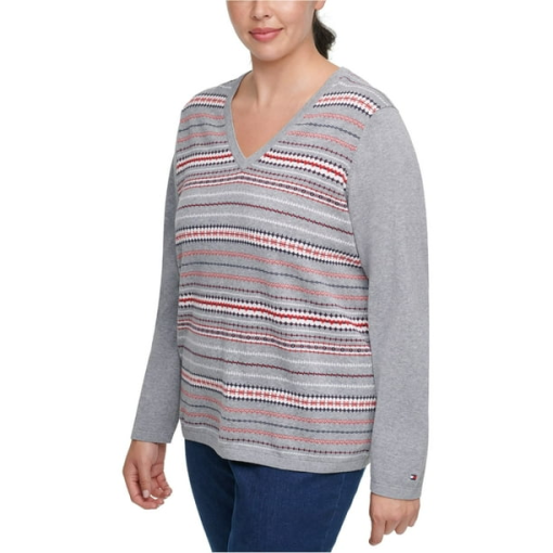 Tommy Hilfiger Women's Pullover Sweaters- Gray & Red Ivy Fair Isle V-Neck Sweater - 2X - Image 2