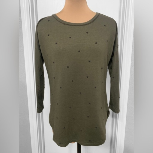 Bobeau small Heather Olive Crew Neck Polka Dots 3/4 Sleeve Tunic Shirt NWT. - Image 2