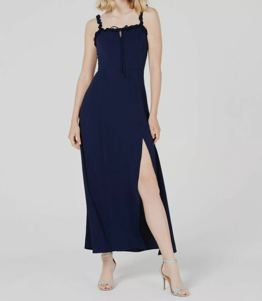 TEEZE ME Womens Navy Slitted Spaghetti Strap Square Neck Midi Wrap Prom Dress Juniors 1112 - Image 2