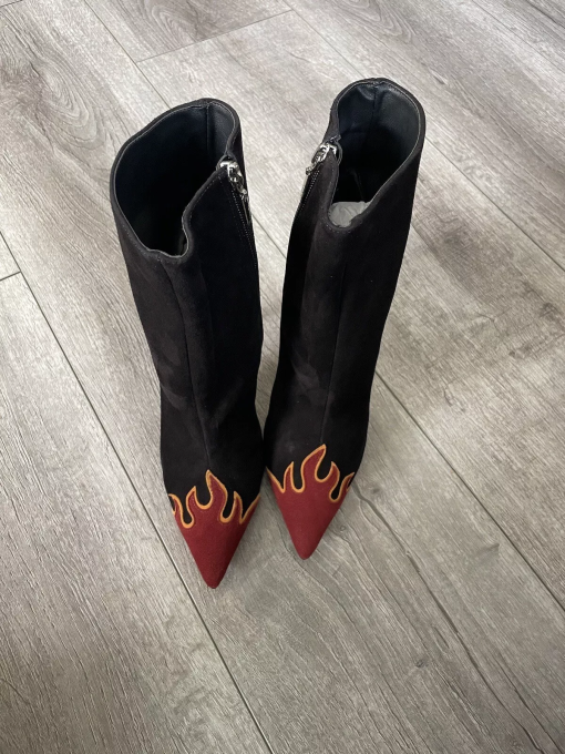 SCHUTZ Lauan Black Red Flames Suede Heeled Bootie. 7B - Image 2