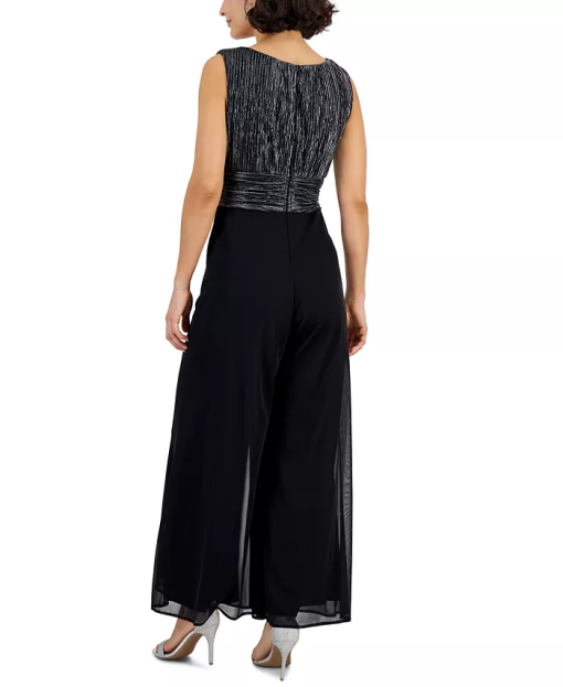 Connected Petite Sleeveless V-Neck Metallic Jumpsuit - Black Silver 8P - Image 3