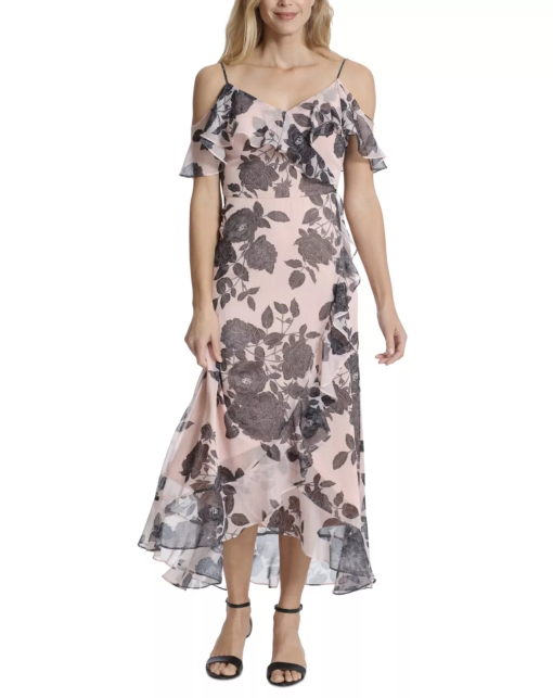 London Times Petite Floral-Print Ruffled Cold-Shoulder Maxi Dress - Blush/Black 12P - Image 2