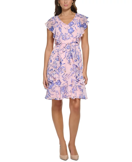 Tommy Hilfiger Petite Printed Ruffled a-Line Dress - Balrna Pnk 12P - Image 2