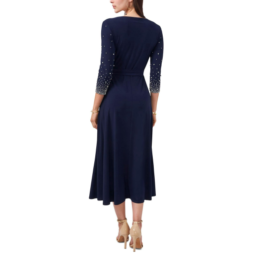 MSK Womens Navy Stretch Beaded Belted Jersey Knit Pullover Unlined 3/4 Sleeve V Neck MIDI Fit + Flare Dress L - Image 3