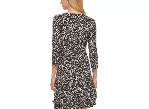 TOMMY HILFIGER Women's Black Printed 3/4 Sleeve Round Neck Above the Knee Wear to Work Shift Dress 10 - Image 2