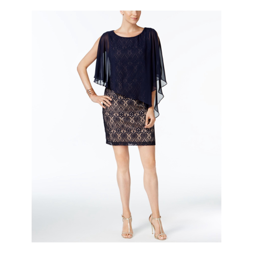 Connected Plus Size Chiffon-Overlay Lace Sheath Dress - Navy/Mocha 16W - Image 2