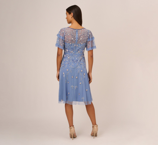 Adrianna Papell Beaded MIDI Dress with Sheer Ruffled Sleeves in French Blue 4 - Image 2