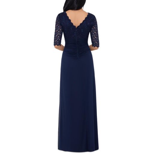 Betsy & Adam Women's Lace-Top Waterfall-Detail Gown - Navy Blue 8 - Image 2