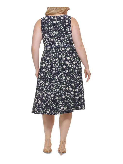 TOMMY HILFIGER Womens Navy Tie Zippered Floral Sleeveless V Neck Knee Length Shift Dress Plus 18W - Image 2